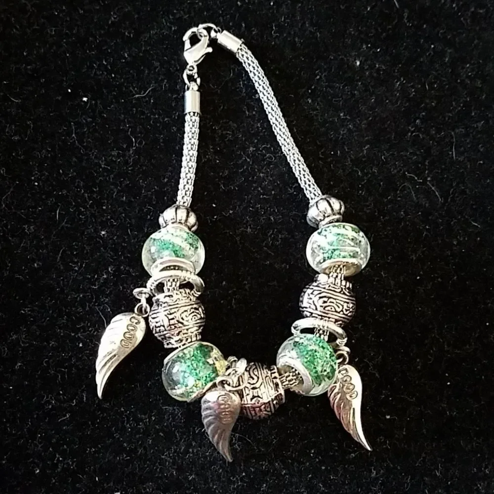 Silvertone Green Beaded Slide Bracelet Adjustable Fashion Jewelry
